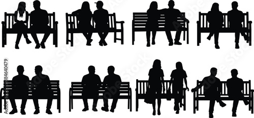 Silhouettes of diverse people and couples sitting on wooden park benches relaxing talking and spending time together in public outdoor urban spaces
