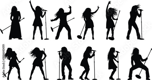 Singer silhouettes performing on stage with microphone poses, rock pop concert energy, music performance illustration isolated on white background vector design