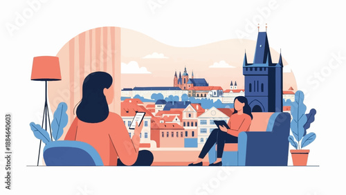 Two women relax indoors with a cityscape view