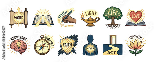 Collection of hand-drawn spiritual icons representing faith, hope, love, truth, and guidance in a warm, illustrative doodle style for religious and inspirational themes
