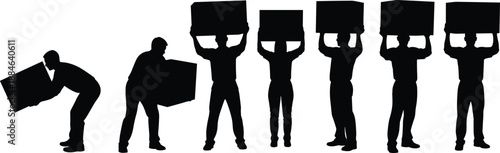 Worker silhouettes lifting heavy boxes, manual handling sequence illustrating posture progression, teamwork, logistics safety, warehouse labor concept isolated on white background
