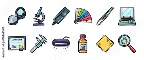 Detailed collection of hand-drawn jewelry appraisal equipment and gemology tools like a loupe, microscope, scales, and certificate, illustrated in a colorful cartoon doodle style