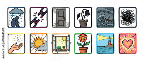 Set of illustrated cards showing the contrast between negative and positive mental health states, depicting metaphors for depression, anxiety, hope, growth, and healing