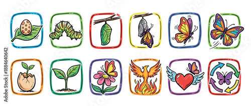 Colorful set of hand-drawn icons illustrating transformation, growth, and metamorphosis with a butterfly life cycle, phoenix, and winged heart in a vibrant doodle style