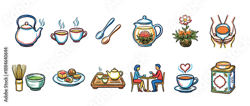 Collection of colorful tea ceremony icons showing a teapot, cups, matcha whisk, blooming flower tea, pastries, and a couple drinking together in a hand-drawn vector style