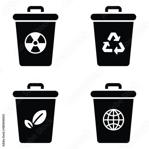 Four black trash bins with different recycling symbols 1