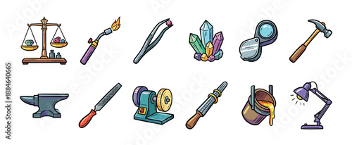 Set of twelve cartoon jewelry making icons showing various tools and equipment for a goldsmith, including a scale, anvil, torch, loupe, and precious gemstones