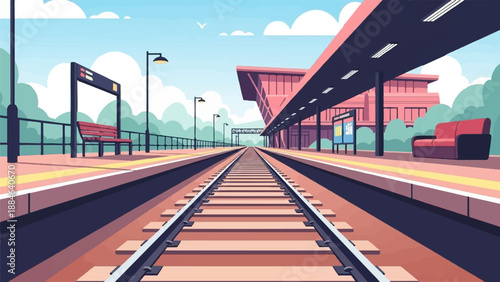 Pixelated train station platform with tracks receding into distance