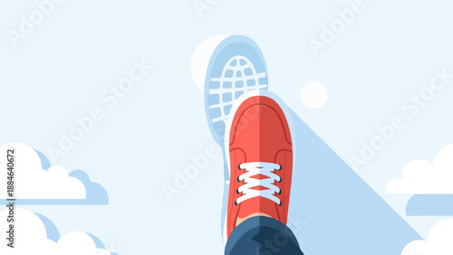 Overhead view of a red sneaker stepping forward onto a white surface with clouds