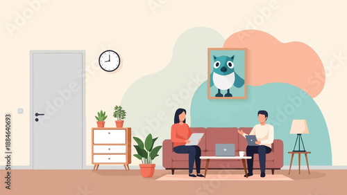 Two people discuss work in a living room with a whimsical owl painting