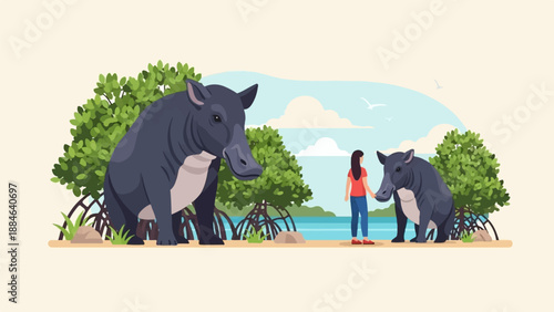 Person interacting with wild animals in a natural coastal setting