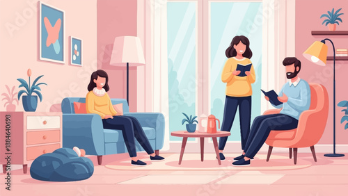 Three people reading books in a cozy living room with plants and art