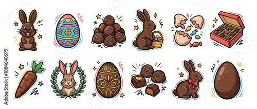 Collection of festive Easter holiday illustrations with chocolate bunnies, painted eggs, sweet candies, and a carrot, all rendered in a charming hand-drawn cartoon sticker style