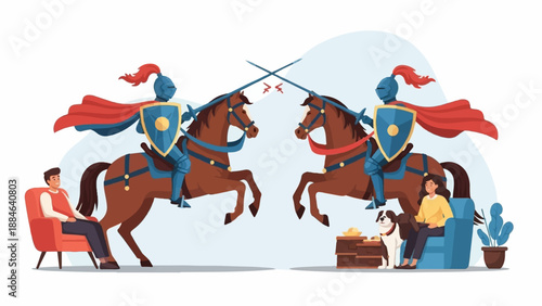 Two knights on horseback facing each other, with people watching