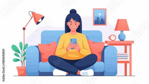 Woman relaxing on a couch, engrossed in her phone, surrounded by home comforts