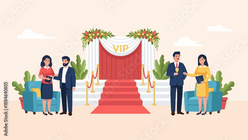 VIP entrance with red carpet, plush seating, and elegantly dressed guests