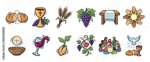 Set of colorful hand-drawn Christian icons for Holy Communion showing bread, wine, a chalice, grapes, wheat, a dove, and the Last Supper scene in a simple cartoon vector style