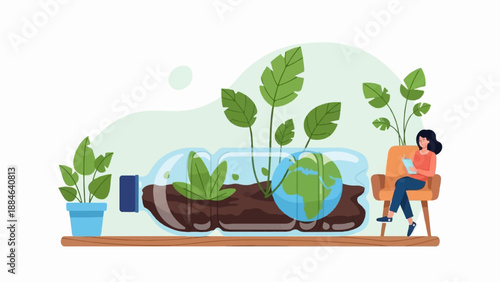 Woman reading on chair next to terrarium with earth and plants inside a bottle