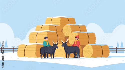 Two children in winter attire interact with deer near stacked hay bales