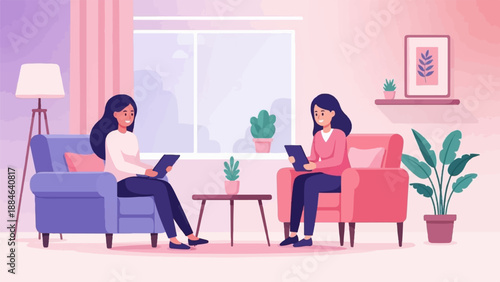 Two women relax in comfortable chairs, reading on tablets