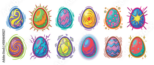 Vibrant collection of twelve cartoon fantasy eggs with unique magical designs, glowing auras, and energetic comic book style illustrations for a game or story