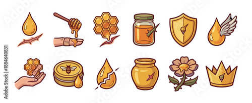 Collection of honey-themed cartoon icons illustrating healing, soothing, and protective properties for natural remedies, first aid, and skincare concepts in a hand-drawn vector style