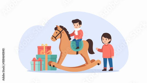 Two children play with a wooden rocking horse and gifts