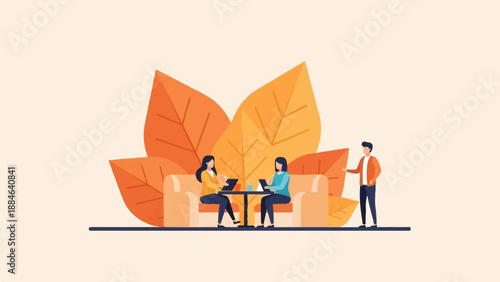 Two women sit on a couch with tablets, a man stands near autumn leaves
