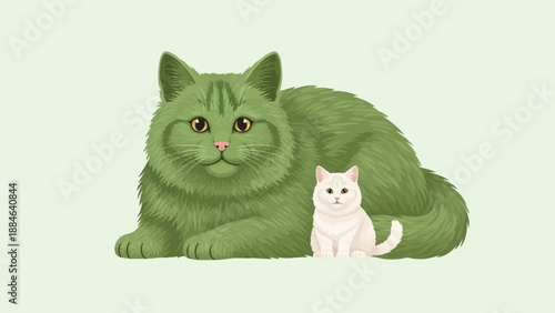 Two cats, one large green, one small white, sitting side by side