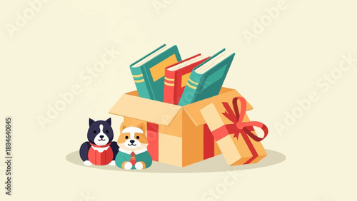 Two cartoon dogs with a box of books and a gift