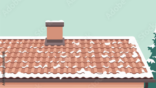 Snow-dusted terracotta roof tiles under a pale winter sky with a chimney
