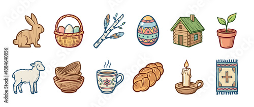 Collection of hand-drawn Easter and spring icons including a bunny, lamb, decorated egg, basket, and challah bread in a charming, rustic doodle style illustration set