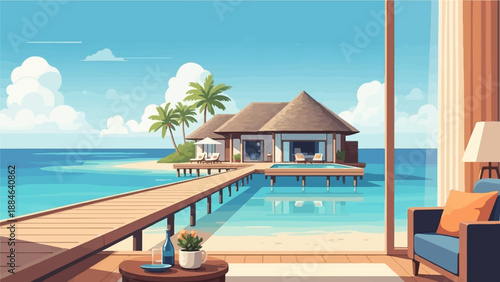 Tropical overwater bungalow with deck and ocean view from room