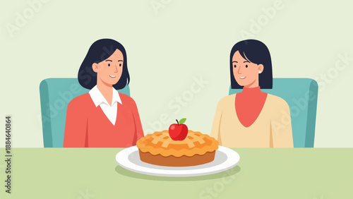 Two smiling women sit at a table with an apple pie between them