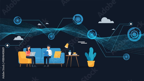 Two people work remotely on laptops in a futuristic digital environment