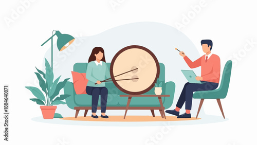 People in a room practicing drumming with a therapist