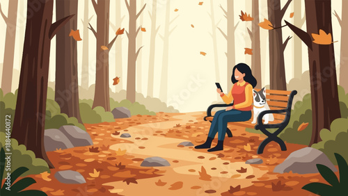 Woman and dog relax on park bench amidst falling autumn leaves