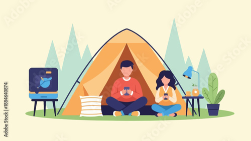 Two people relax in a tent on their phones with camping gear around