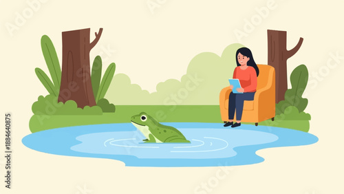 Woman sits in armchair by pond with frog, trees and bushes around