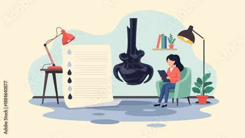 Woman reading in chair by desk with lamp and large list, inkwell above