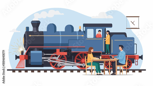 People interact with a vintage blue steam train, some working on laptops at tables