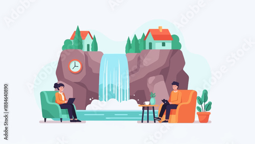 Two people work on laptops next to a waterfall in a serene landscape