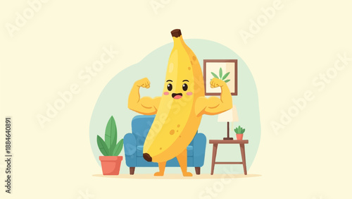 Muscular cartoon banana flexing muscles in a cozy room setting