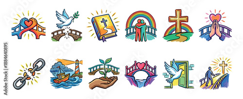 Colorful collection of hand-drawn Christian icons depicting faith, hope, and love with symbols like the cross, dove, Bible, and bridge in a vibrant doodle style for spiritual concepts