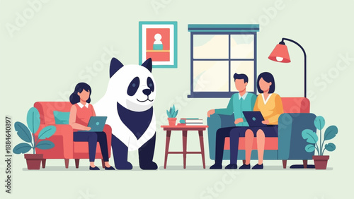 People and a panda relax indoors with plants and laptops