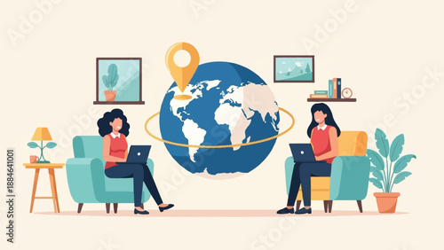 Two women work on laptops near a globe with a location pin