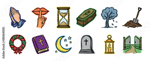 Set of colorful hand-drawn funeral icons including a coffin, gravestone, praying hands, and bible, representing death, grief, and remembrance in a doodle sketch style