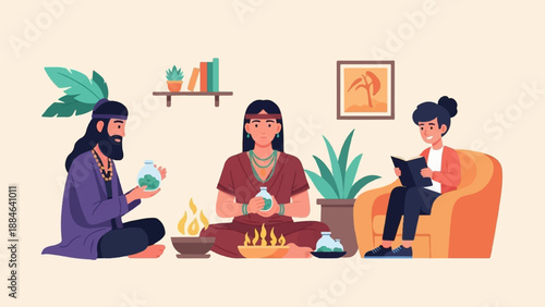 People gathered in a room, two with plants and fire, one reading