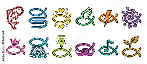 Twelve colorful Christian fish Ichthys symbols in a creative doodle style, with each icon representing a different spiritual concept like faith, unity, worship, and new life