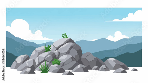 Stylized mountainous landscape with rocky foreground under a cloudy sky